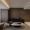 Modern Minimalist Living Dining Room With Dark Wood TV Background And Marble Coffee Tables