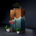 Entryway Side Cabinet with Wooden Blue Gradient Finish Double Door and Decorative Plants