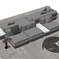Gray L Shaped Sofa Coffee Table Combination With Pillows And Round Marble Table On Rug 3d model