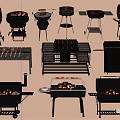Various Types Of Outdoor Barbecue Grills With Cooking Tools And Skewers