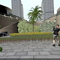 Modern Garden Landscape Design With Palm Trees Stone Pavement And String Lights