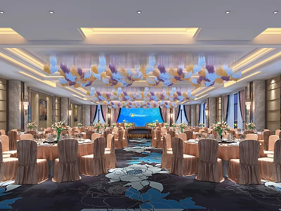 Elegant Banquet Hall Interior With Decorative Hanging Lights Round Tables And Floral Carpet 3d model