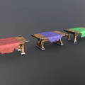 Wooden Benches With Metal Legs And Colored Cloths In Various Colors Arranged Neatly