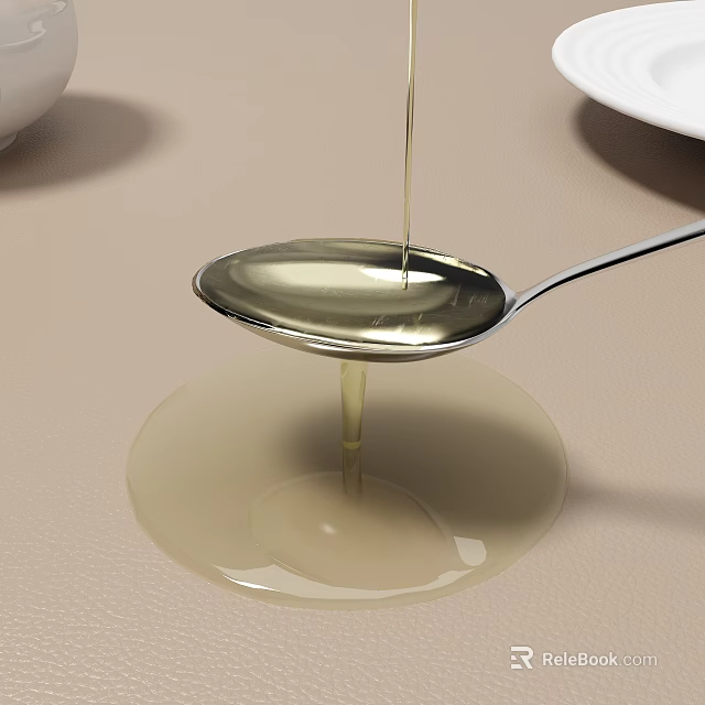Clear Food Liquid Dripping From Spoon Forming Pool Near White Bowl And Plate 3d model 