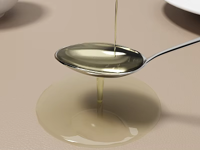 Clear Food Liquid Dripping From Spoon Forming Pool Near White Bowl And Plate 3d model