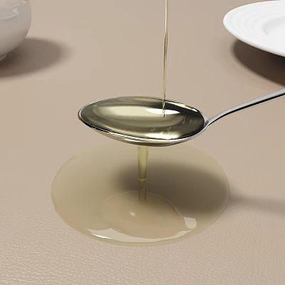Clear Food Liquid Dripping From Spoon Forming Pool Near White Bowl And Plate 3d model