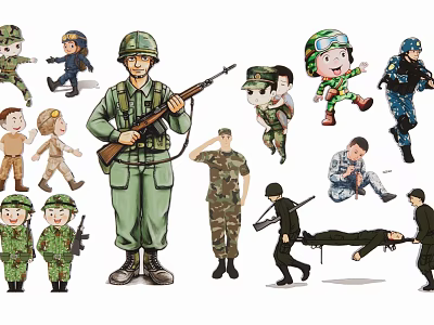 Cartoon Military Silhouette Designs With Soldiers Kids And Different Uniform Styles 3d model