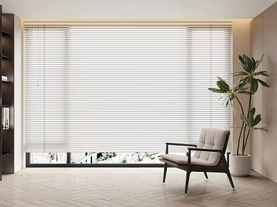 Modern Interior With Large White Venetian Blinds Armchair And Potted Plant 3d model