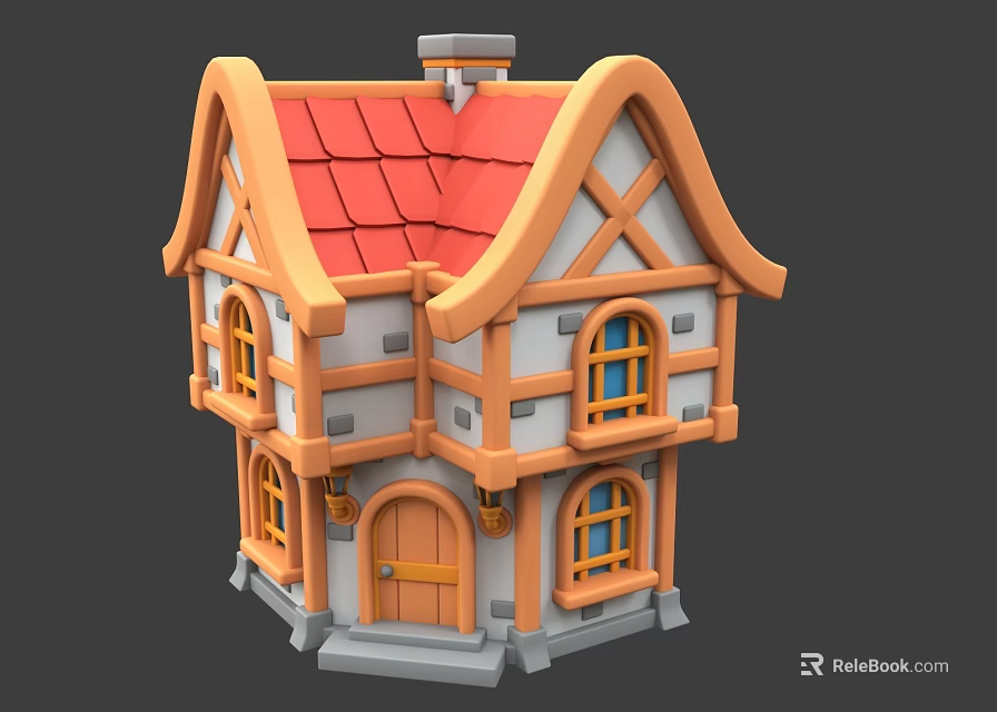 Cartoon Style Cottage With Red Roof Windows Door And Orange Gray Walls 3d model 