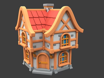 Cartoon Style Cottage With Red Roof Windows Door And Orange Gray Walls 3d model