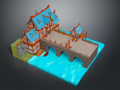 Traditional European Wooden Houses With Blue Roofs And Stone Bridge Over Water 3d model