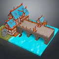 Traditional European Wooden Houses With Blue Roofs And Stone Bridge Over Water
