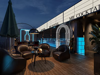 Rooftop Bar With MR COCKTAIL Sign Wooden Floor Black Leather Sofas And Neon Decor 3d model