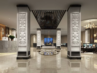Luxurious Front Desk Reception With Decorative Pillars Marble Flooring And Elegant Chandeliers 3d model