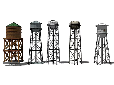 Industrial Equipment Featuring Various Water Towers With Metal And Wooden Frames 3d model