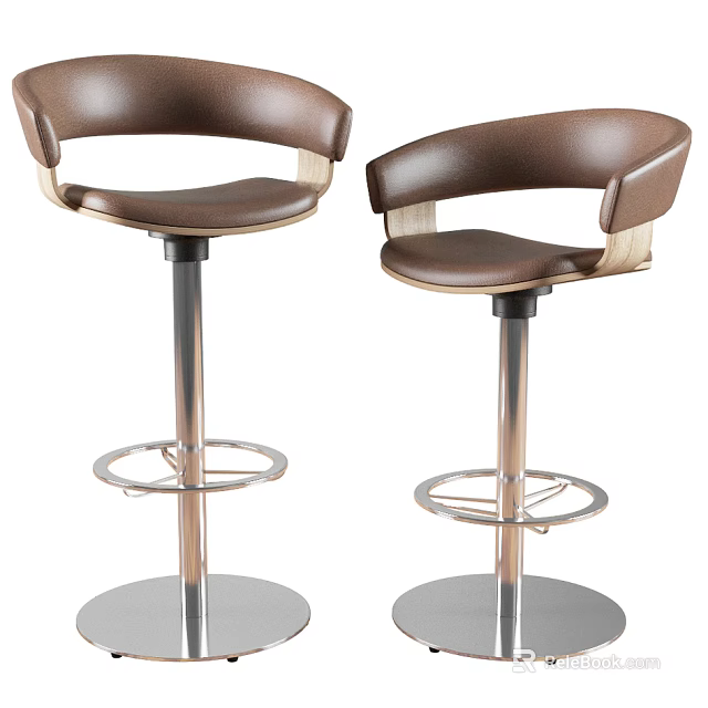 Modern Brown Leather Bar Stools With Armrests And Metal Base 3d model 