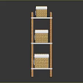 Wooden Frame White Shelf Unit With Three Wicker Storage Baskets For Home Organization