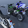 Three Different Motorcycles in Blue White Green and Silver with Classic and Sporty Designs