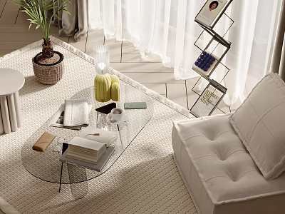 Elegant Single Sofa In Living Room With Glass Coffee Table Woven Rug And Potted Plant 3d model