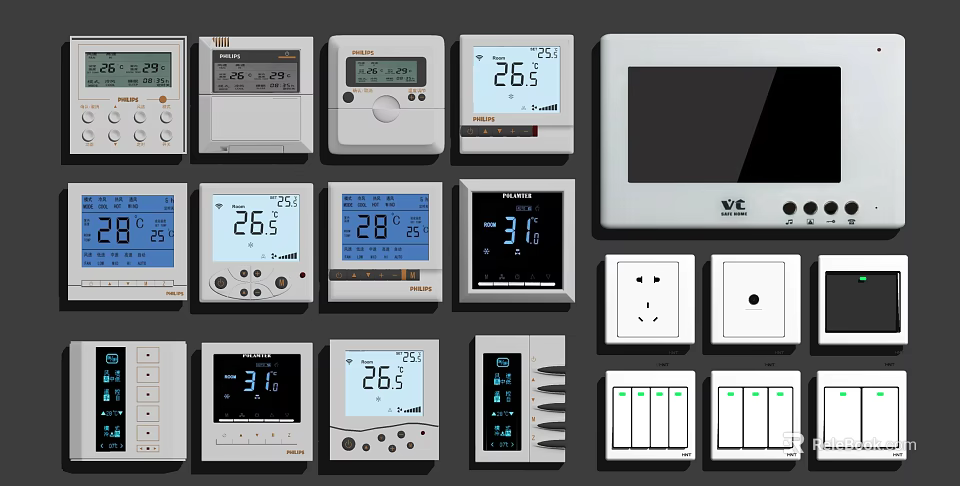 Various Switch Panels Featuring Digital Thermostats Temperature Displays And Controls 3d model 