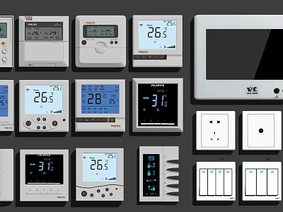 Various Switch Panels Featuring Digital Thermostats Temperature Displays And Controls 3d model