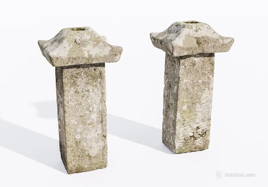 Antique Stone And Wood Pillars With Rough Textured Surface And Eave Like Tops 3d model