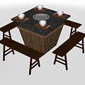 Square Stone Top Dining Table Set With Fire Pit Center And Wooden Benches