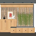 Entryway Hallway With Wooden Slat Partition Cabinet Bench And Bamboo Plant