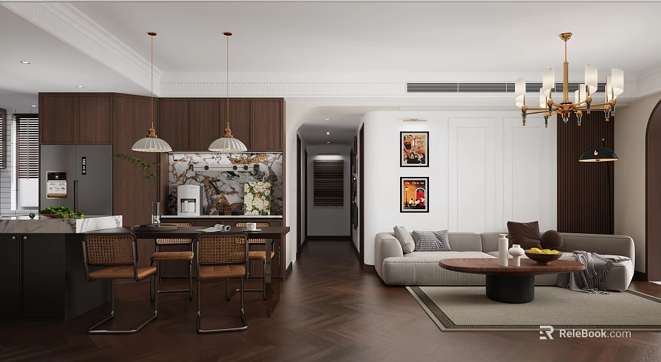 Modern Living and Dining Room Interior With Sofa Coffee Table Dining Table and Pendant Lights 3d model