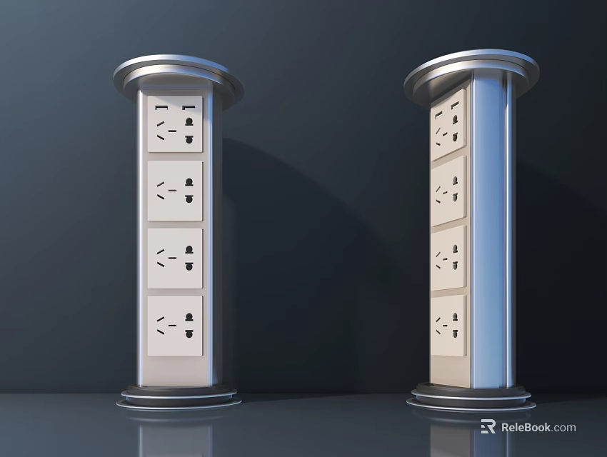 Dual Modern Switch Panel with Multiple Outlets in Silver Cylindrical Design on Dark Background 3d model