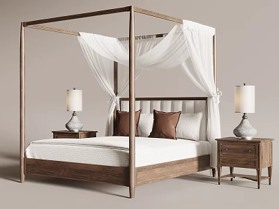 Elegant Wooden Four Poster Bed With White Canopy Brown Pillows And Nightstand Table Lamps 3d model