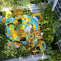 Outdoor Kids Play Area With Colorful Circular Design Lush Trees And Play Structures