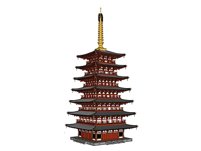 Traditional Multi Tiered Tower With Golden Spire Red Black Wooden Structure And Overhanging Eaves 3d model