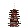 Traditional Multi Tiered Tower With Golden Spire Red Black Wooden Structure And Overhanging Eaves