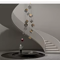 Spiral Staircase Design With Hanging Cube Decor Red Balloon Figurine Round Platform 3d model