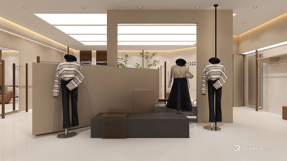 Modern Mall Clothing Store Interior With Mannequins Stylish Displays And Seating Area 3d model 