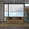 Beige Sectional Sofa with Large Windows Mountain View Patterned Rug and Chinese Landscape Painting