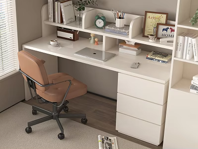 Modern Simple Study Desk with Chair Laptop Books Bookshelf Drawers Clock and Green Plants 3d model