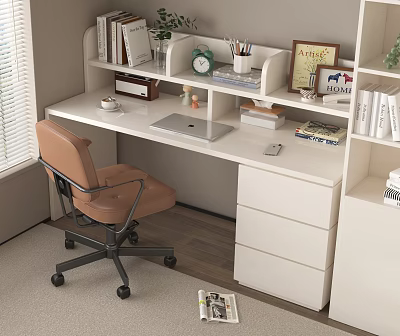 Modern Simple Study Desk with Chair Laptop Books Bookshelf Drawers Clock and Green Plants 3d model