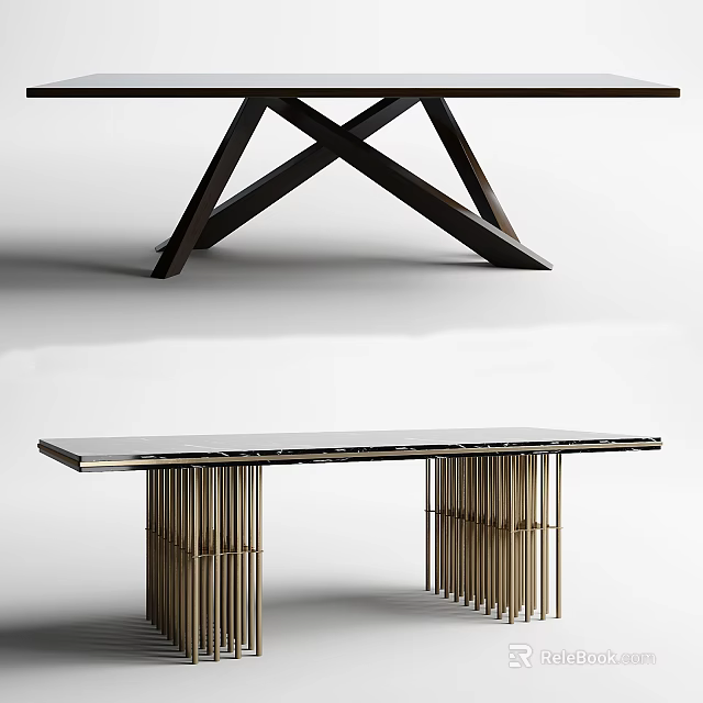 Elegant Modern Dining Table With Wooden Cross Legs Marble Top And Gold Metal Rods Design 3d model 