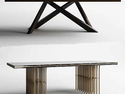 Elegant Modern Dining Table With Wooden Cross Legs Marble Top And Gold Metal Rods Design 3d model