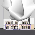 Modern Storefront Facade with Arched Glass Windows Large Tree in Front Warm Interior Lighting 3d model