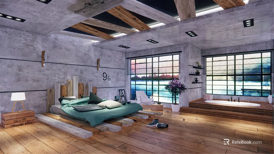 Industrial Hotel Guest Room With Wooden Beams Concrete Walls And Floor to Ceiling Windows 3d model 