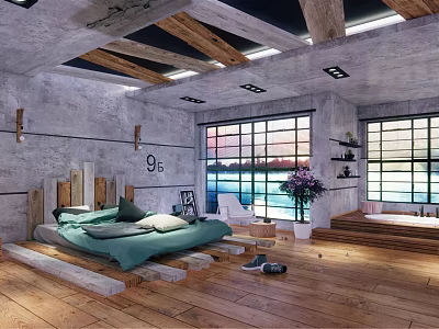Industrial Hotel Guest Room With Wooden Beams Concrete Walls And Floor to Ceiling Windows 3d model