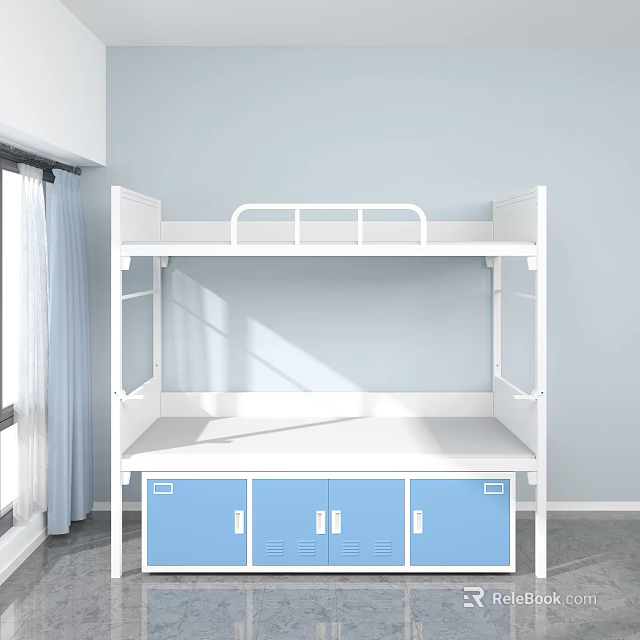 Simple Design White Frame Bunk Bed With Blue Cabinets In Room 3d model