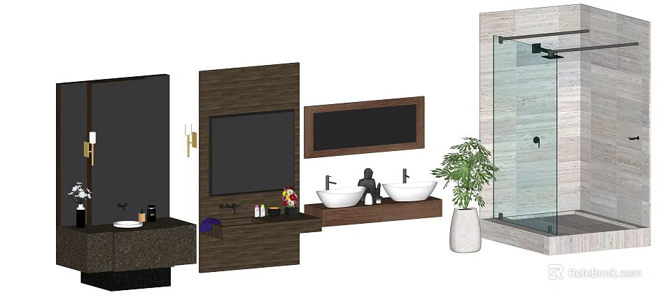 Modern Bathroom Vanity With Double Sinks Wooden Countertop Mirror And Potted Plant 3d model 