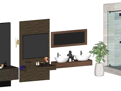 Modern Bathroom Vanity With Double Sinks Wooden Countertop Mirror And Potted Plant 3d model