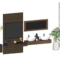 Modern Bathroom Vanity With Double Sinks Wooden Countertop Mirror And Potted Plant