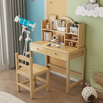 Children's Desk and Chair Solid Wood Desk and Chair Solid Wood Lifting Desk and Chair Solid Wood Bookshelf 3d model