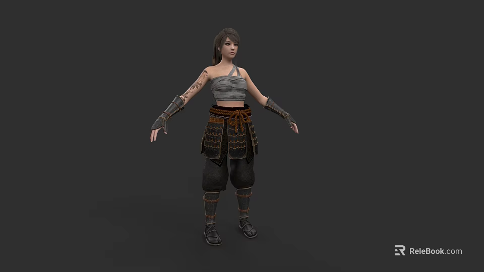 Woman With Tattoos In Sleeveless Top Samurai Style Pants And Arm Guards 3d model 